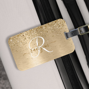 Monogram för utskrift av Guld Brushed Metall Glitt Bagagebricka