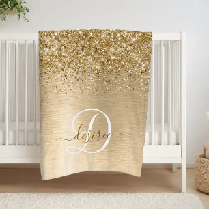 Monogram för utskrift av Guld Brushed Metall Glitt Fleecefilt