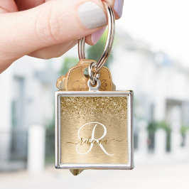 Monogram för utskrift av Guld Brushed Metall Glitt Fyrkantig Silverfärgad Nyckelring