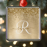 Monogram för utskrift av Guld Brushed Metall Glitt Julgransprydnad Metall<br><div class="desc">Anpassa enkelt chicens dekorationsdesign i trendig med söt guld mousserande glitter på en borstad metallbakgrund i guld.</div>