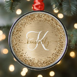 Monogram för utskrift av Guld Brushed Metall Glitt Julgransprydnad Metall<br><div class="desc">Anpassa enkelt chicens dekorationsdesign i trendig med söt guld mousserande glitter på en borstad metallbakgrund i guld.</div>