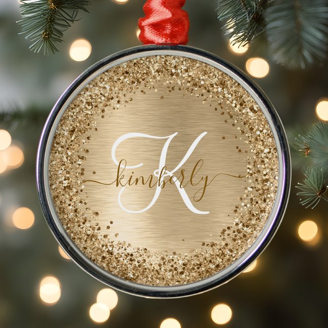 Monogram för utskrift av Guld Brushed Metall Glitt Julgransprydnad Metall (Skapare uppladdad)
