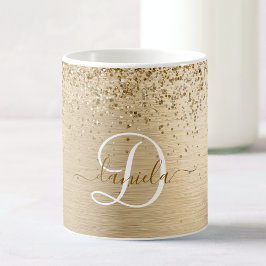 Monogram för utskrift av Guld Brushed Metall Glitt Kaffemugg
