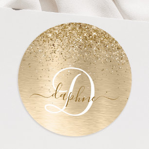 Monogram för utskrift av Guld Brushed Metall Glitt Runt Klistermärke