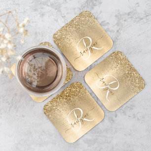 Monogram för utskrift av Guld Brushed Metall Glitt Underlägg Papper Kvadrat