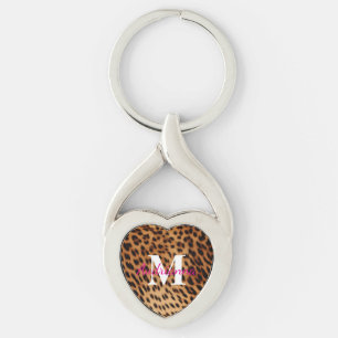 Monogram för utskrift av leopard på djur twisted heart silverfärgad nyckelring