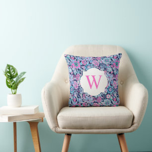 Monogram för utskrift av marin Rosa Flowers i Prep Kudde