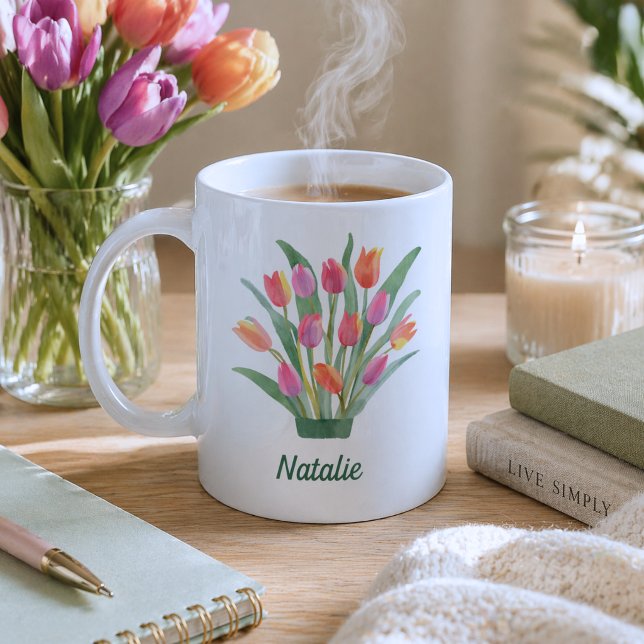 Monogram för vattenfärgad prickad tulips kaffemugg (Skapare uppladdad)