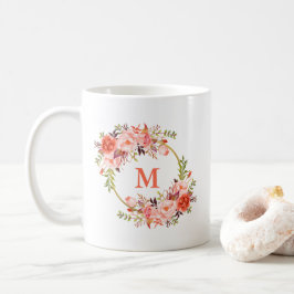 Monogram för vattenfärgkoral Blommigt Guld Circle Kaffemugg