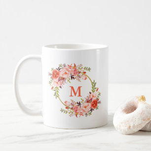 Monogram för vattenfärgkoral Blommigt Guld Circle Kaffemugg
