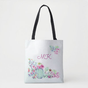 Monogram för vattenfärgsaktualer och succulents tygkasse