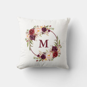 Monogram för vattenfärgsburgundisk Blommigt Kudde