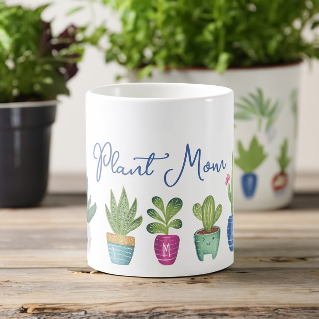 Monogram för växt-Mamma-Roligt- och krukkrukväxter Kaffemugg (Plant Mom Fun & Cute Potted Plants Monogram Coffee Mug)