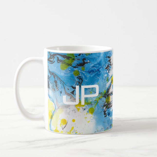 Monogram för vit abstrakt Art Blue Gult Kaffemugg (Vänster)