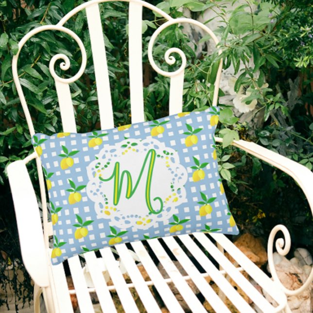 Monogram för vit kontroll av Gulten Preppy Lemons Prydnadskudde (Monogram for someone special!)