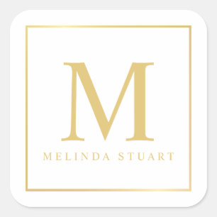 Monogram för vit och Guld Elegant Fyrkantigt Klistermärke
