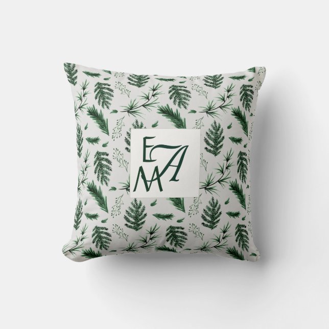 Monogram Forest Grönt Löv Botanical 3 Initialer Kudde (Framsida)
