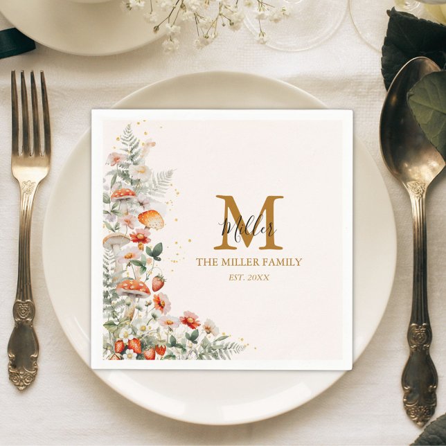 Monogram Forest Mushroom Flowers Blommigt botanisk Pappersservett (In situ)