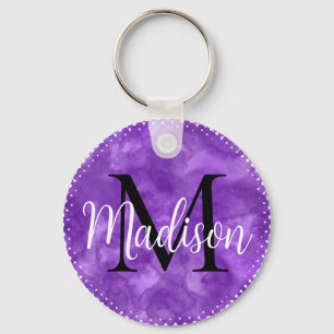 Monogram första anpassade namn Lila vattenfärg Nyckelring
