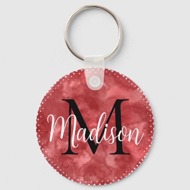 Monogram första anpassade namnet Röd vattenfärg Nyckelring (Baksida)