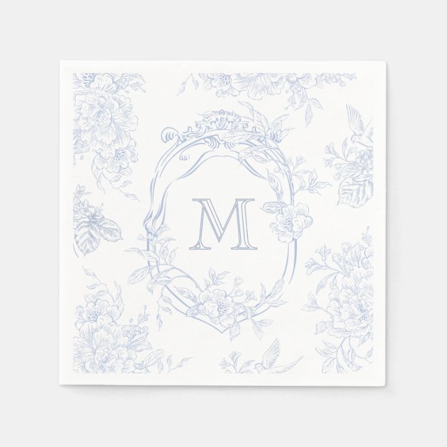 Monogram Första Blommigten Blue Toile Bröllop Möhi Pappersservett (Framsidan)