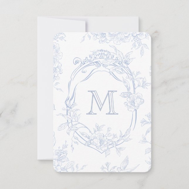 Monogram Första Blommigten Blue Toile Bröllop Möhi Tack Kort (Framsida)