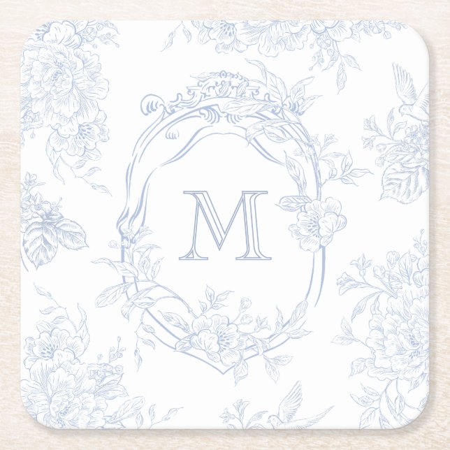 Monogram Första Blommigten Blue Toile Bröllop Möhi Underlägg Papper Kvadrat (Framsidan)