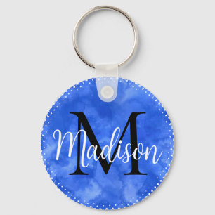 Monogram första eget namn blått vattenfärg nyckelring