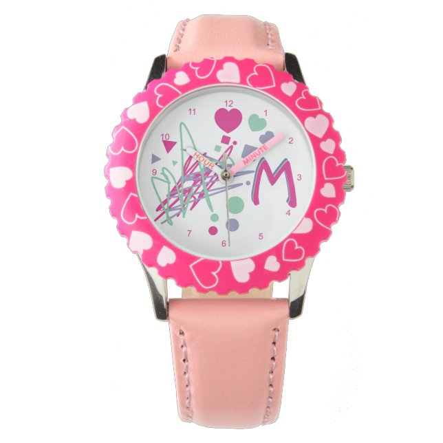 Monogram Första Flickans Hearts Dots Squares Färg Armbandsur (Framsida)