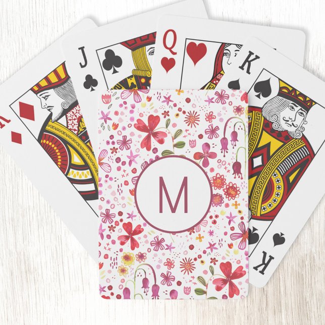 Monogram - första modern Vild - färgen Blommor på  Casinokort (Modern monogram initial watercolor wildflower art playing cards)