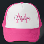 Monogram första Namn för hennes vita och Shock ros Keps<br><div class="desc">Monogram Initial Brev Namn för hennes Trendig för Elegant av den vita Rosan Vit och Shock rosa.</div>