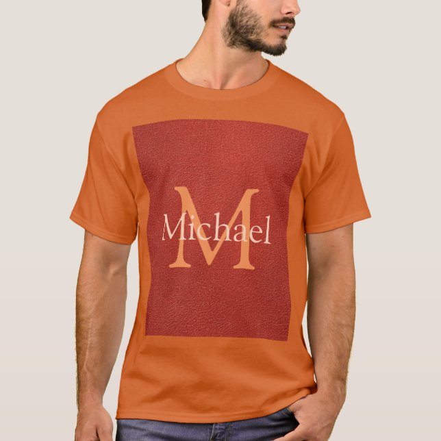Monogram första Namn-mallen Manar-läderutsikt T Shirt (Framsida)