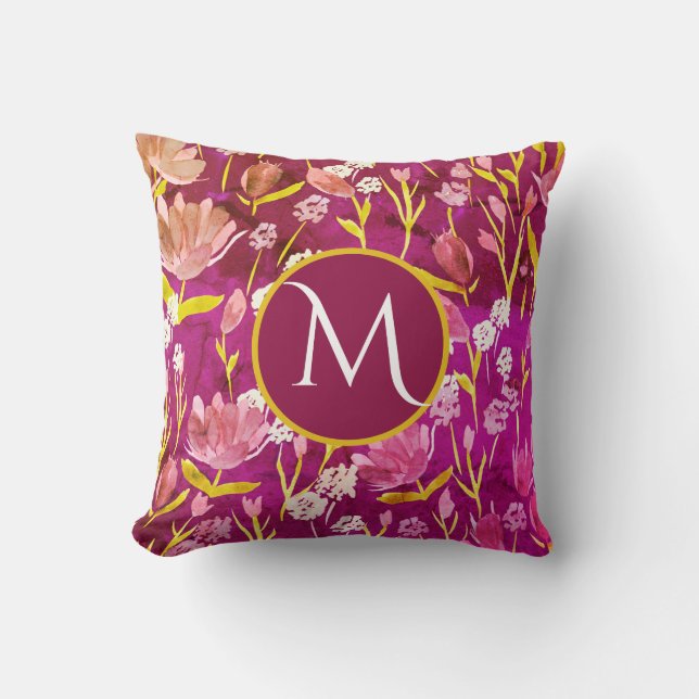 Monogram första Romantic Burgundy-Blommigt Kudde (Framsida)