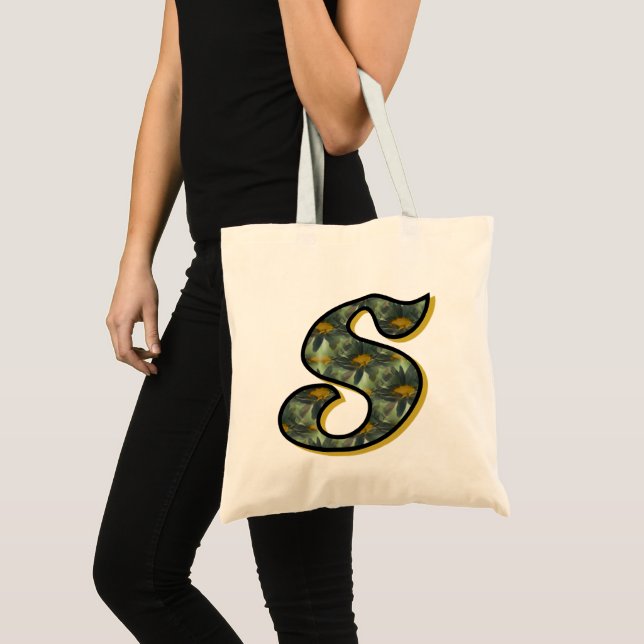 Monogram första S Black Daisys Tote Bag Tygkasse (Framsida (produkt))