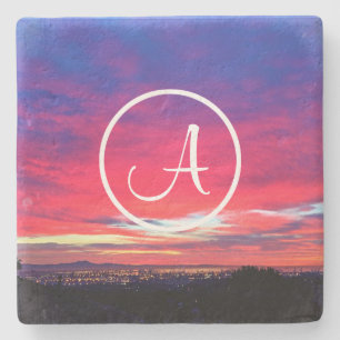 Monogram första Shock rosa Blue Sunset Photo Anpas Stenunderlägg