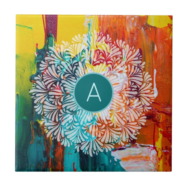 Monogram första Vibrant Abstrakt Painting Mandala Kakelplatta (Framsidan)