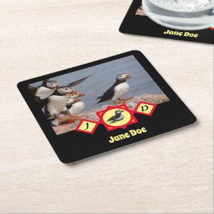 Monogram foto av Atlantic Puffin Swimming Tecknad Underlägg Papper Kvadrat