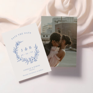 Monogram foto av vintage Blue Blommigt Spara Datumet