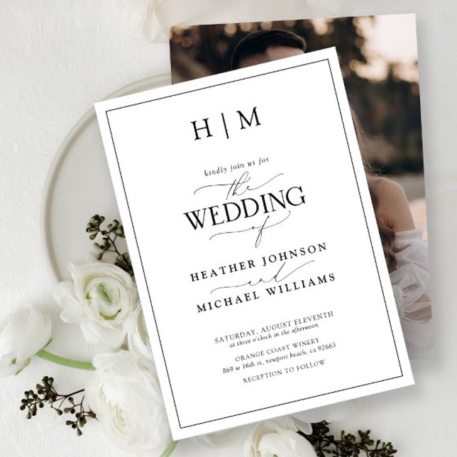 Monogram foto för elegant Black & White Calligraph Inbjudningar (Wedding Invitation!)