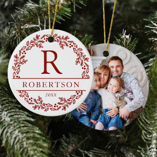 Monogram-foto för julkransfamiljen julgransprydnad keramik