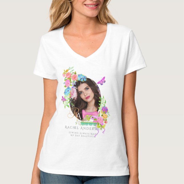Monogram foto för sytelibbon Blommigt T Shirt (Framsida)