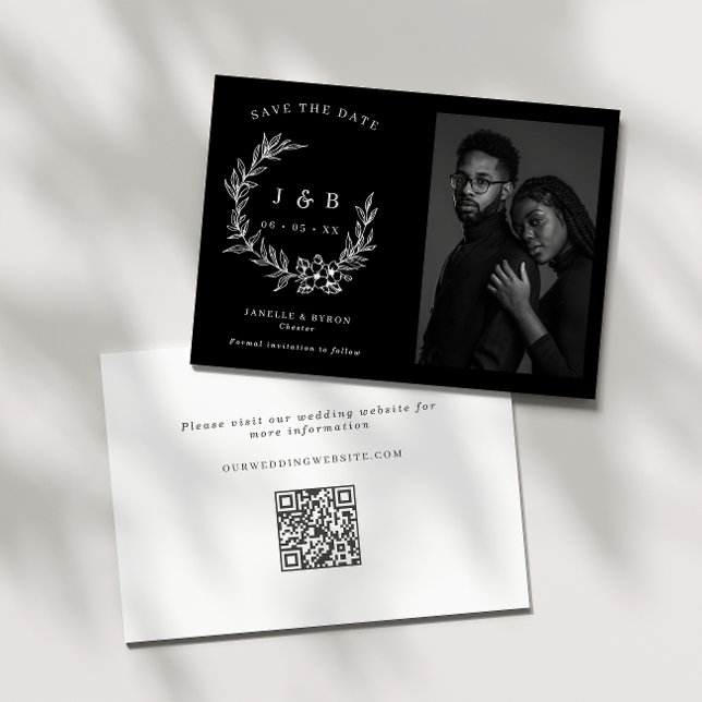 Monogram foto med elegant Black & White Blommigt Spara Datumet (Skapare uppladdad)