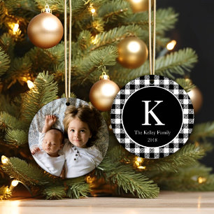Monogram-foto med svart utcheckad Personlig Julgransprydnad Keramik