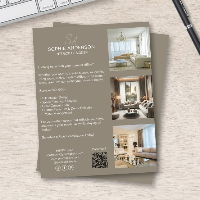 Monogram Foto QR Taupe Professionell Företag Reklamblad (Monogram Photo QR Taupe Professional Business Flyer)