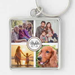 Monogram fotokollage-familj fyrkantig silverfärgad nyckelring