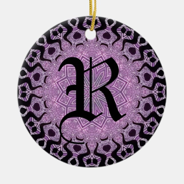 Monogram från glitter Lila Black Tribal Julgransprydnad Keramik (Framsidan)