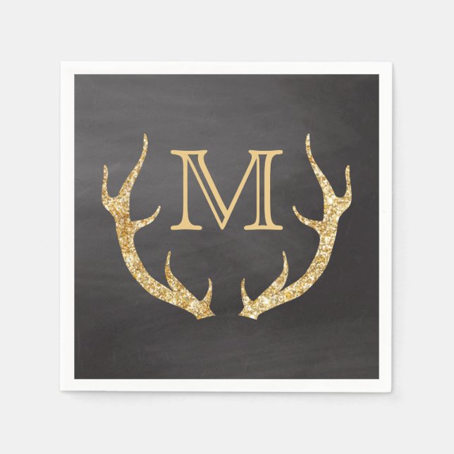 Monogram från Guld Glitter Hjort Antlers Chalkboar Pappersservett (Framsidan)