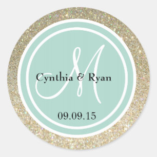 Monogram från Guld Glitter & Mint Grönt Bröllop Runt Klistermärke