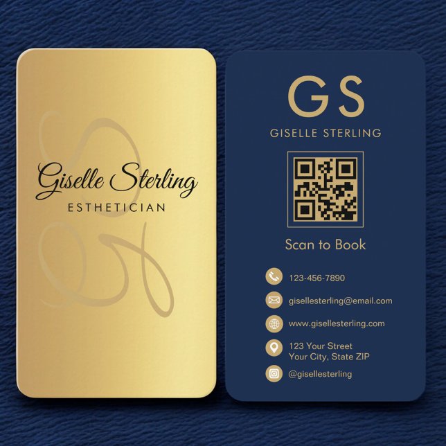 Monogram från guld Navy Blue QR Code Esthetician Visitkort (Skapare uppladdad)
