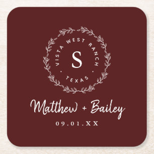 Monogram från Rustic WAN Bröllop Burgundy Underlägg Papper Kvadrat